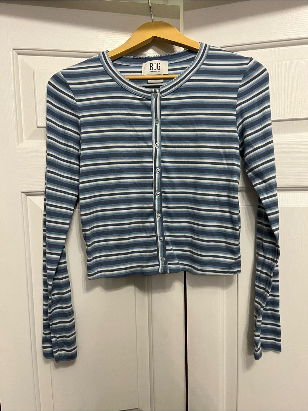 BDG Blue and White Striped Button-Down Crop Cardigan